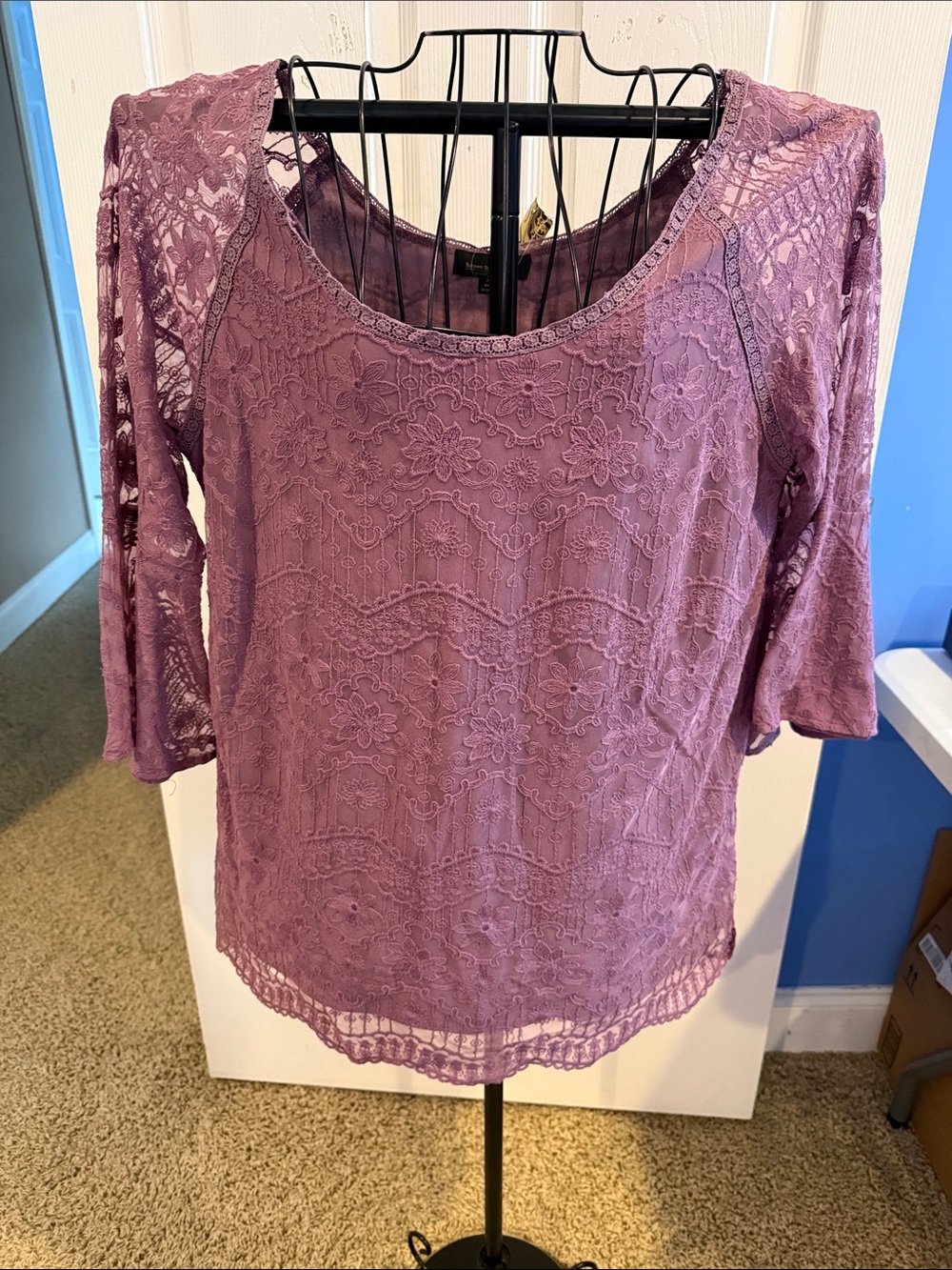 Suzanne Betro Lavender Purple Lace 3/4 Sleeve Scoop Neck Blouse XL NWT NEW